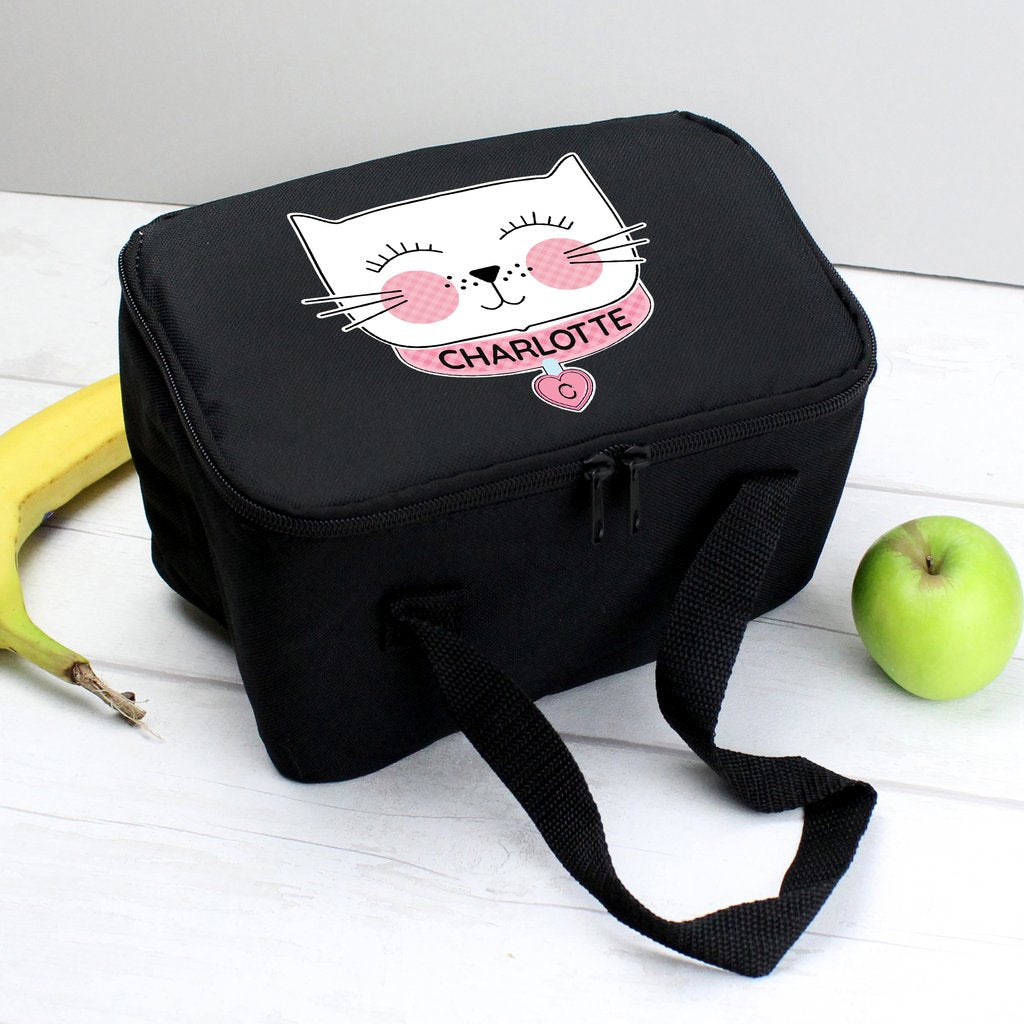 Personalised Cute Cat Black Lunch Bag