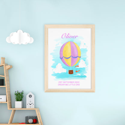 Personalised Hot Air Balloon Natural Framed Print