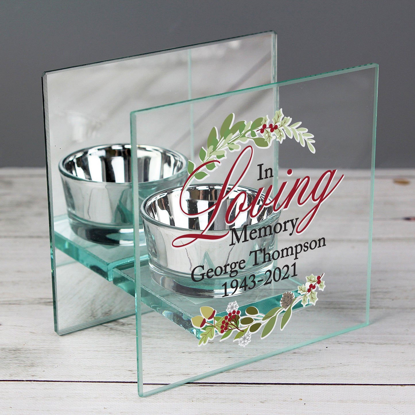 Personalised In Loving Memory Christmas Mirrored Glass Tea Light Candle Holder