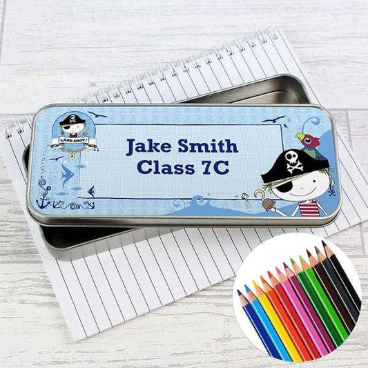 Personalised Pirate Pencil Tin with Pencil Crayons - Myhappymoments.co.uk