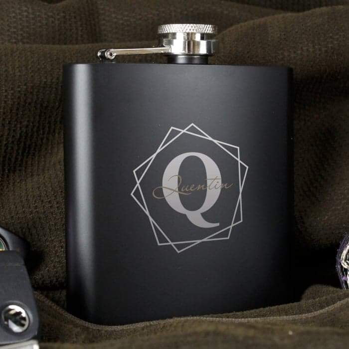 Personalised Geometric Initial Black Hip Flask - Myhappymoments.co.uk