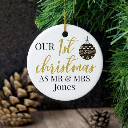 Personalised Our 1st Christmas As Mr & Mrs Round Ceramic Decoration - Myhappymoments.co.uk