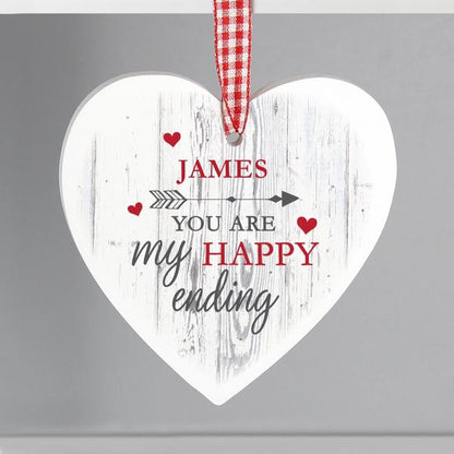 Personalised You Are My Happy Ending Wooden Heart Decoration - Myhappymoments.co.uk