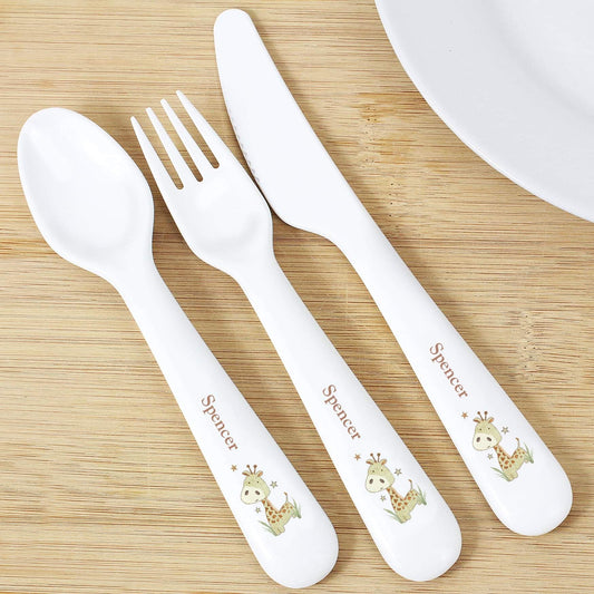 Personalised Hessian Giraffe 3 Piece Plastic Cutlery Set - Myhappymoments.co.uk