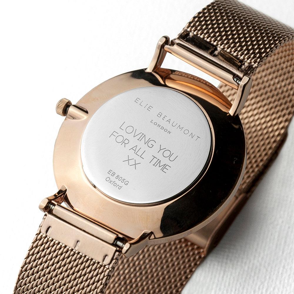 Elie Beaumont Personalised Ladies Rose Gold Mesh Strapped Watch With White Dial