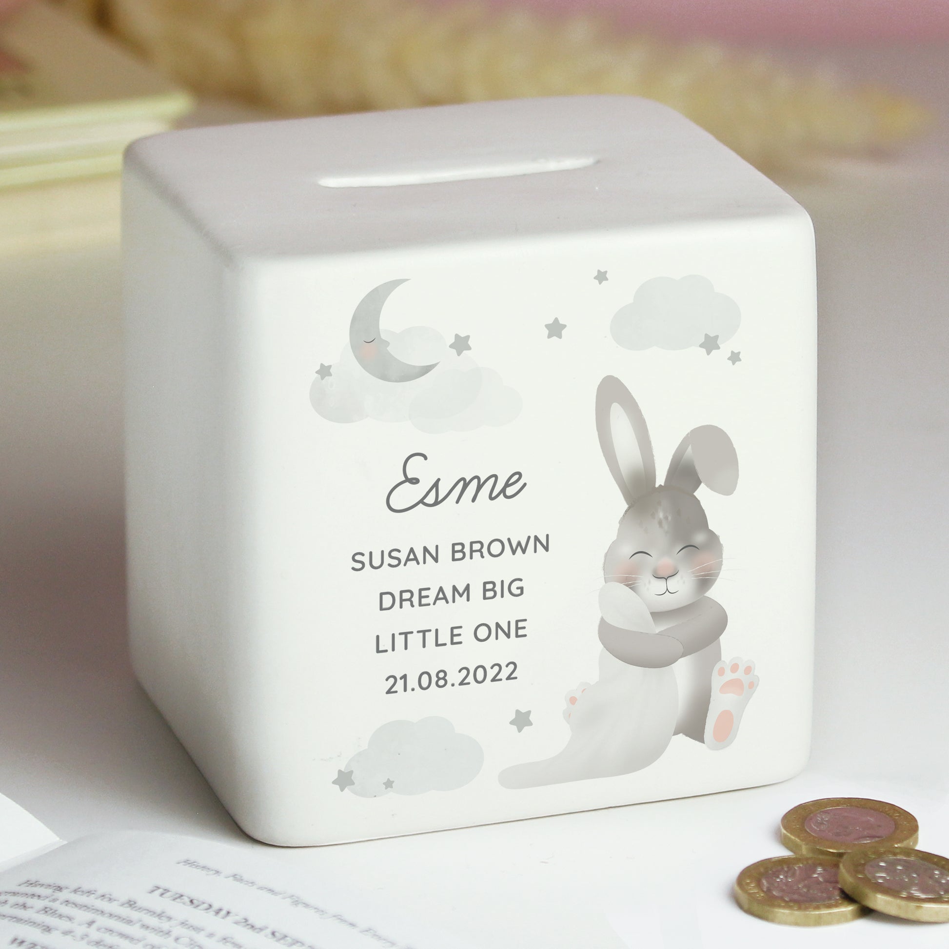 Personalised Baby Bunny Ceramic Square Money Box