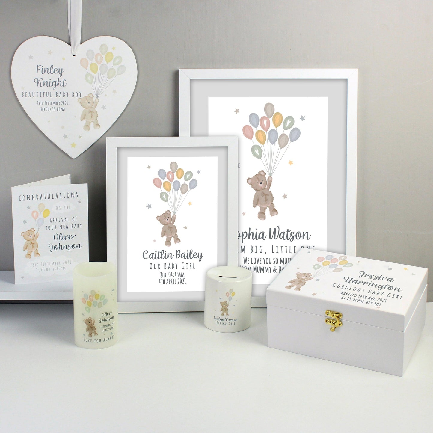 Personalised Teddy & Balloons White Wooden Keepsake Box