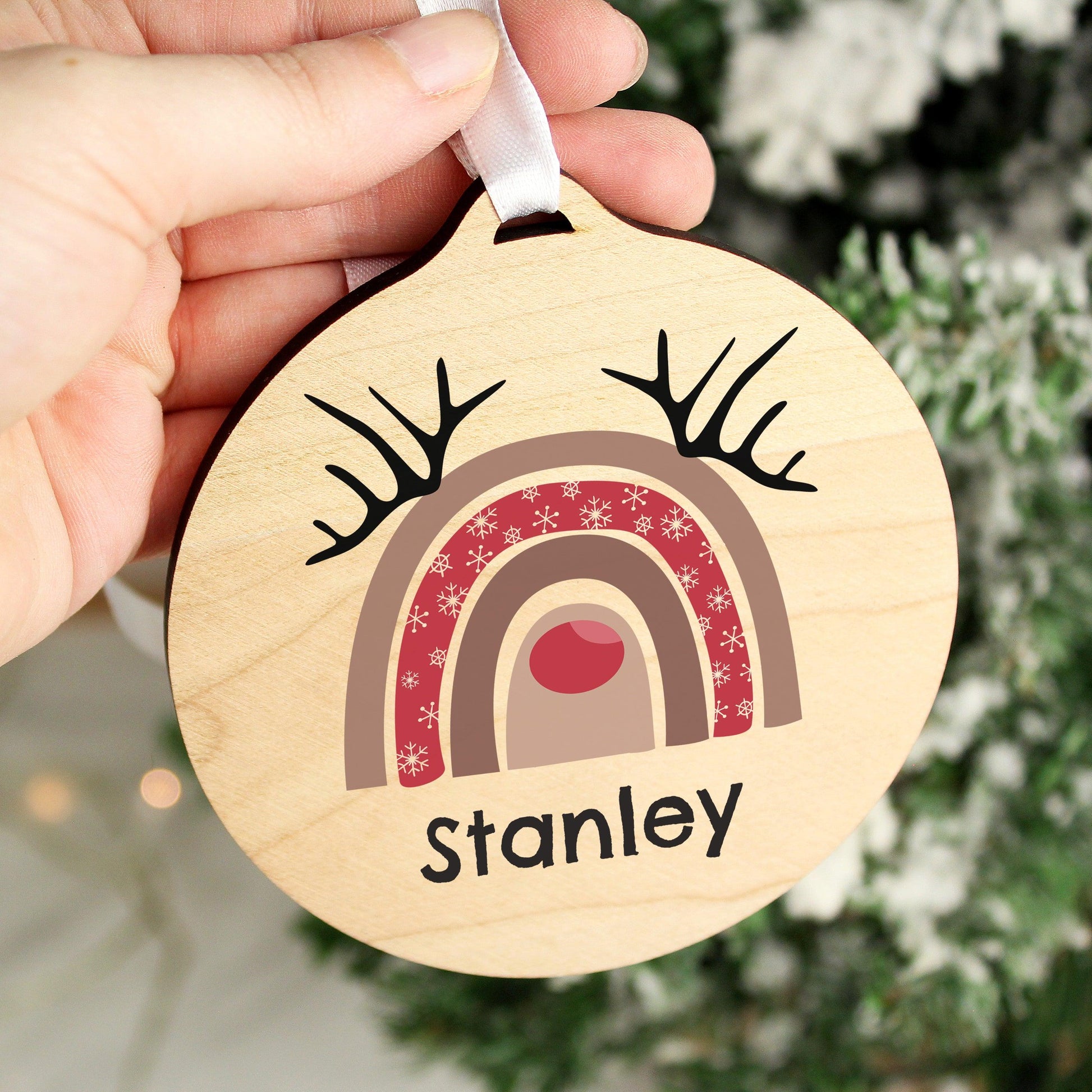 Personalised Rainbow Reindeer Round Wooden Bauble Decoration