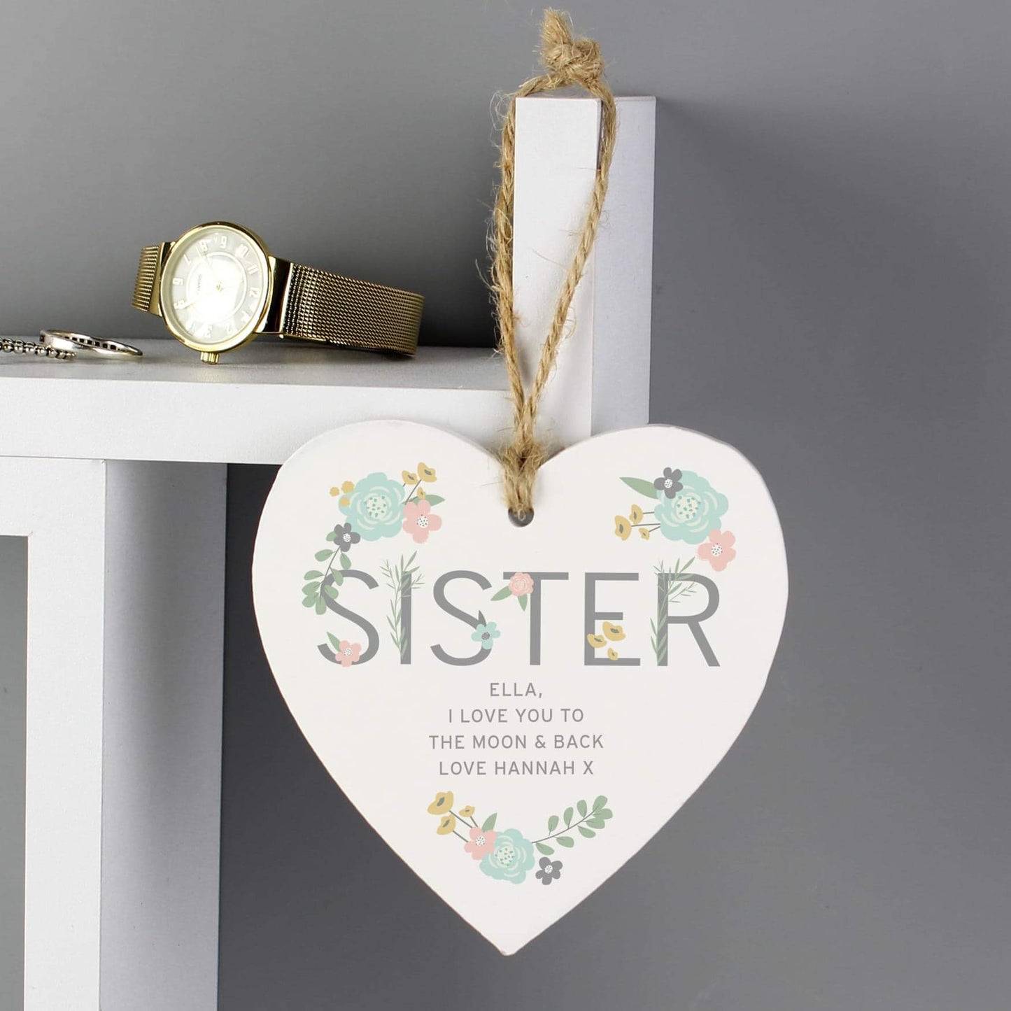 Personalised Sister Floral Wooden Hanging Heart Decoration From Pukkagifts.uk