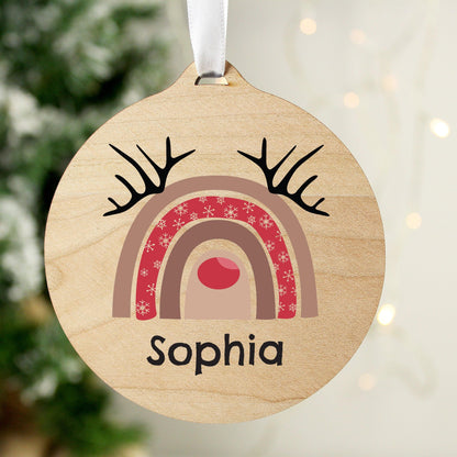 Personalised Rainbow Reindeer Round Wooden Bauble Decoration