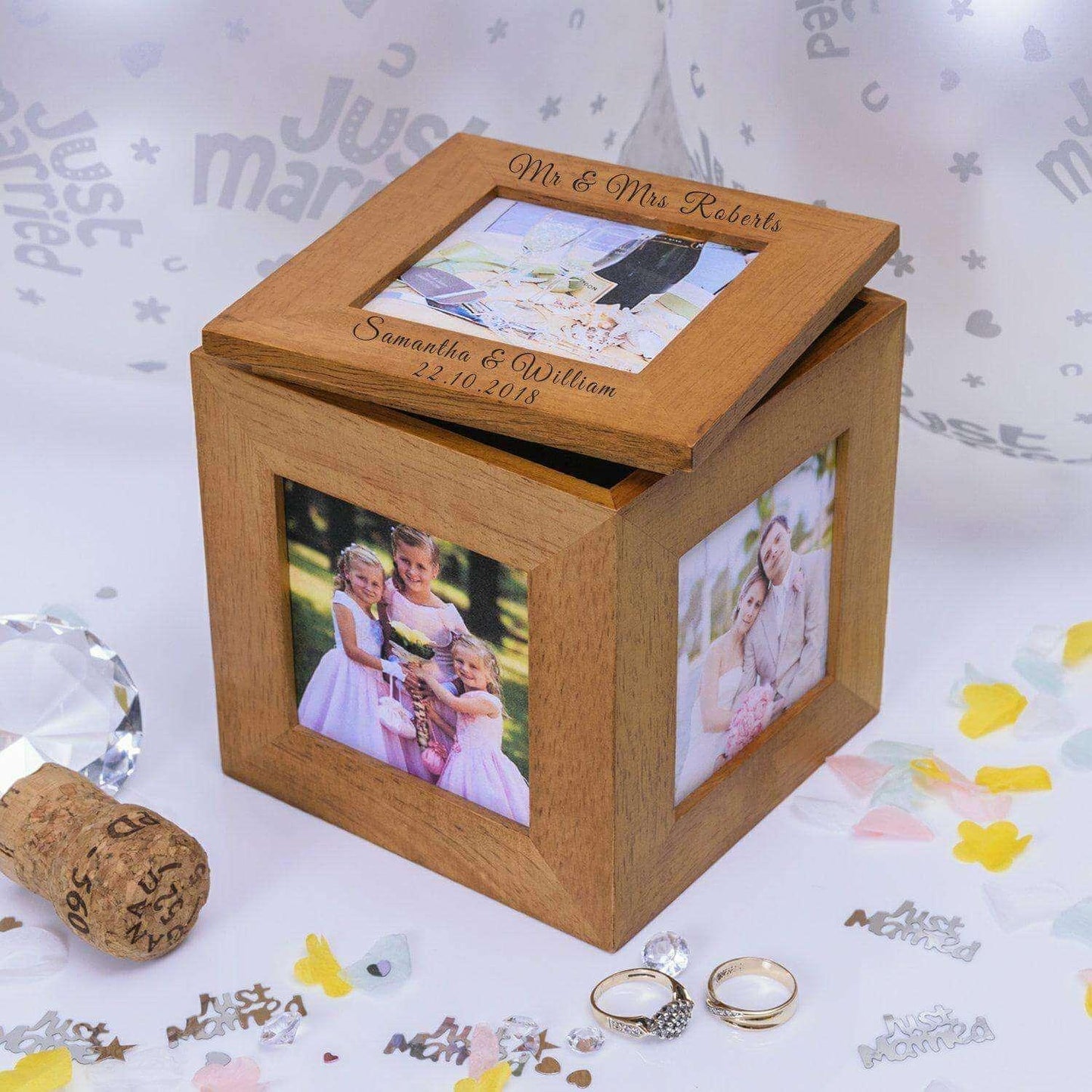 Personalised Wedding Oak Photo Cube Box - Myhappymoments.co.uk