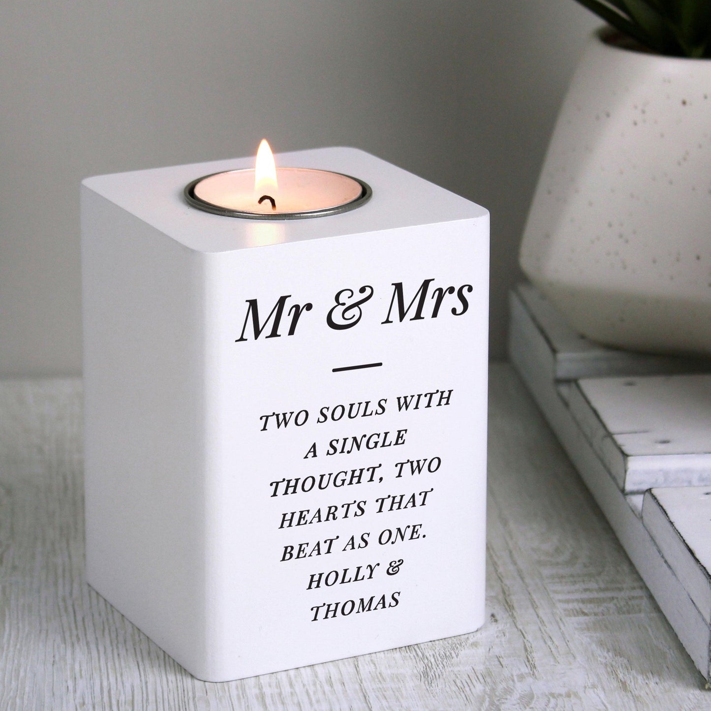 Personalised Free Text White Wooden Tea light Holder