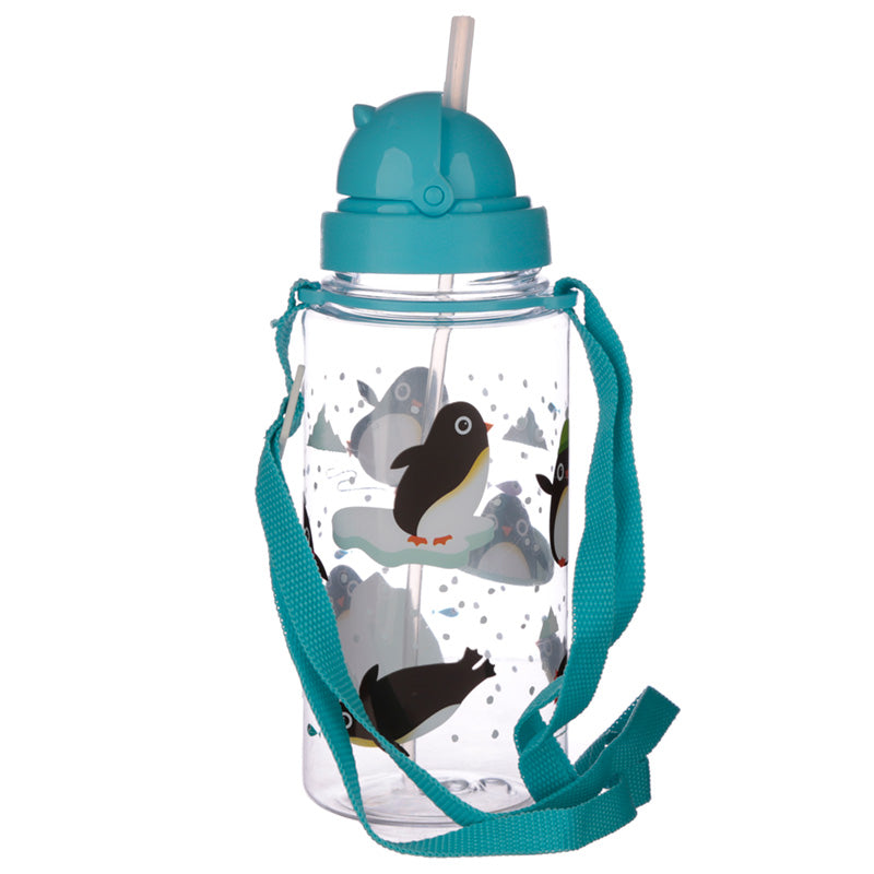 Children’s Penguin Water Bottle with Straw & String 450ml - Myhappymoments.co.uk