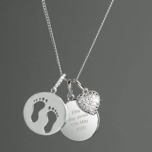 Personalised Sterling Silver Footprints and Cubic Zirconia Heart Necklace - Myhappymoments.co.uk