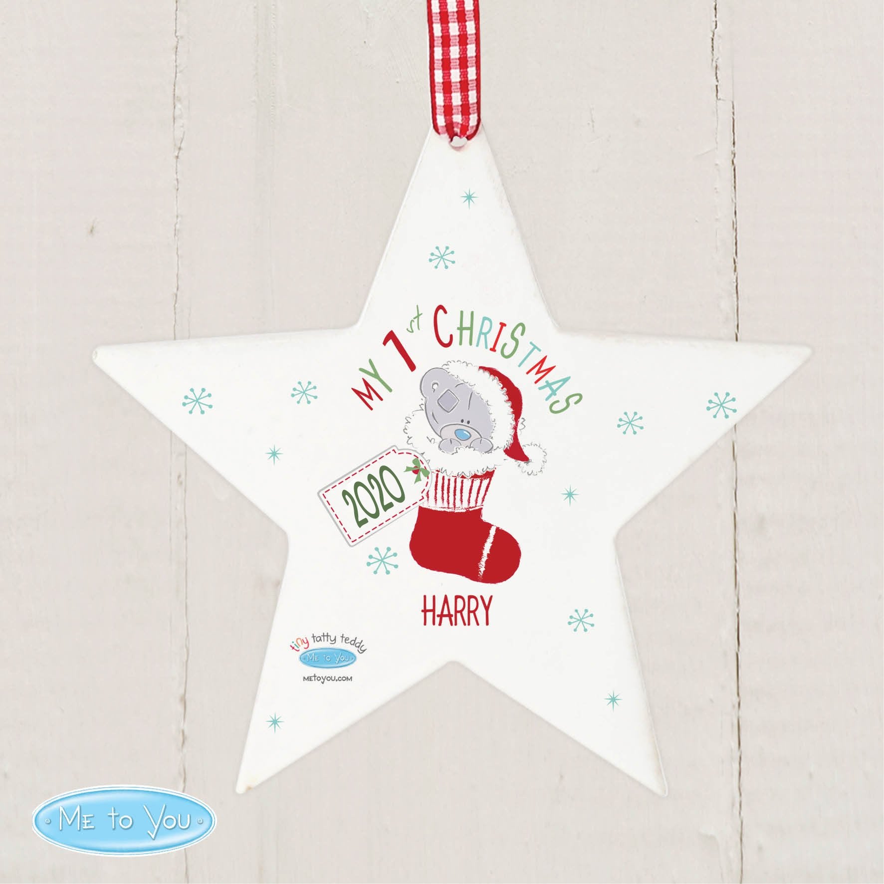 Personalised Tiny Tatty Teddy My 1st Christmas Stocking Wooden Star Decoration