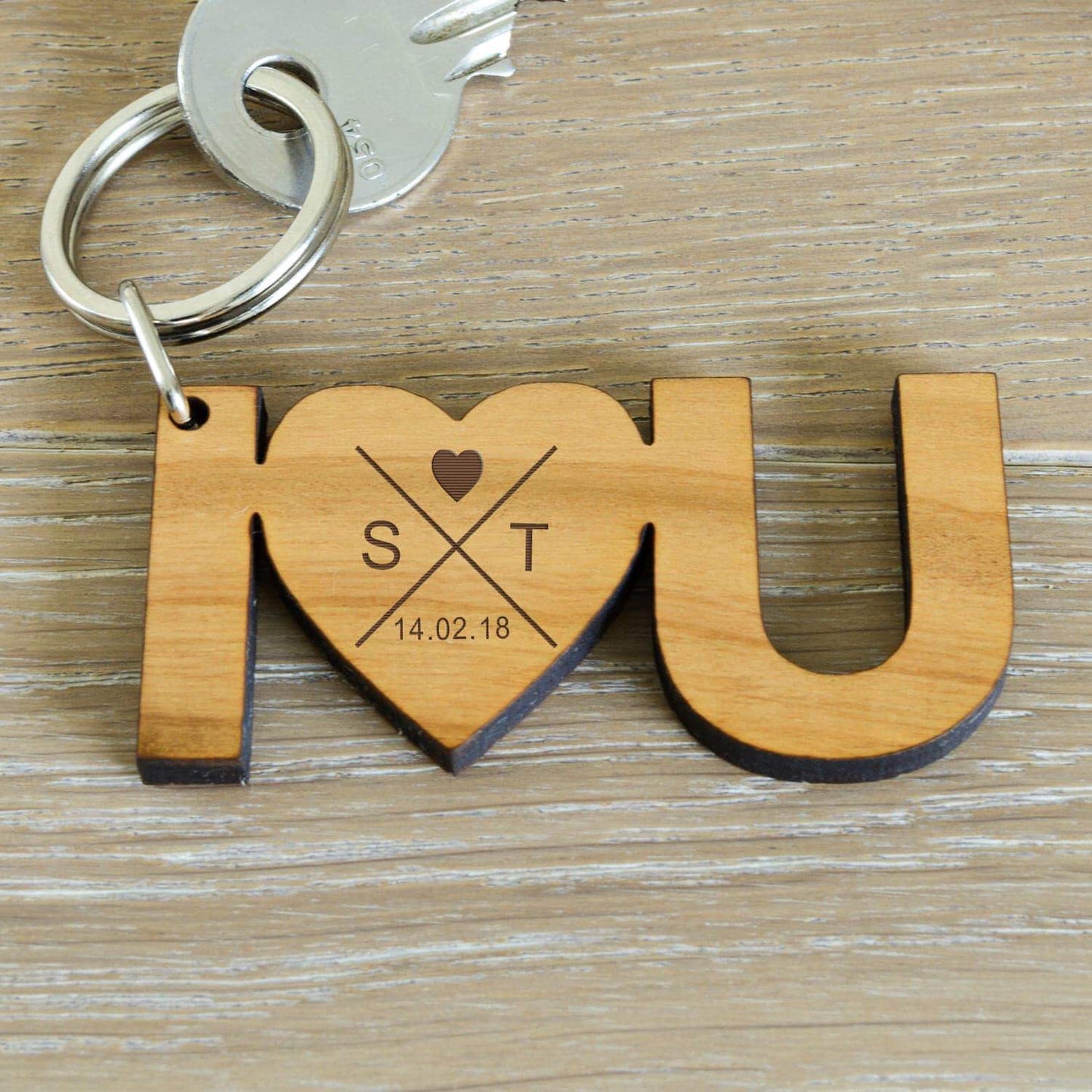 Personalised I Love You Initials And Date Wooden Keyring Free UK Delivery - Myhappymoments.co.uk