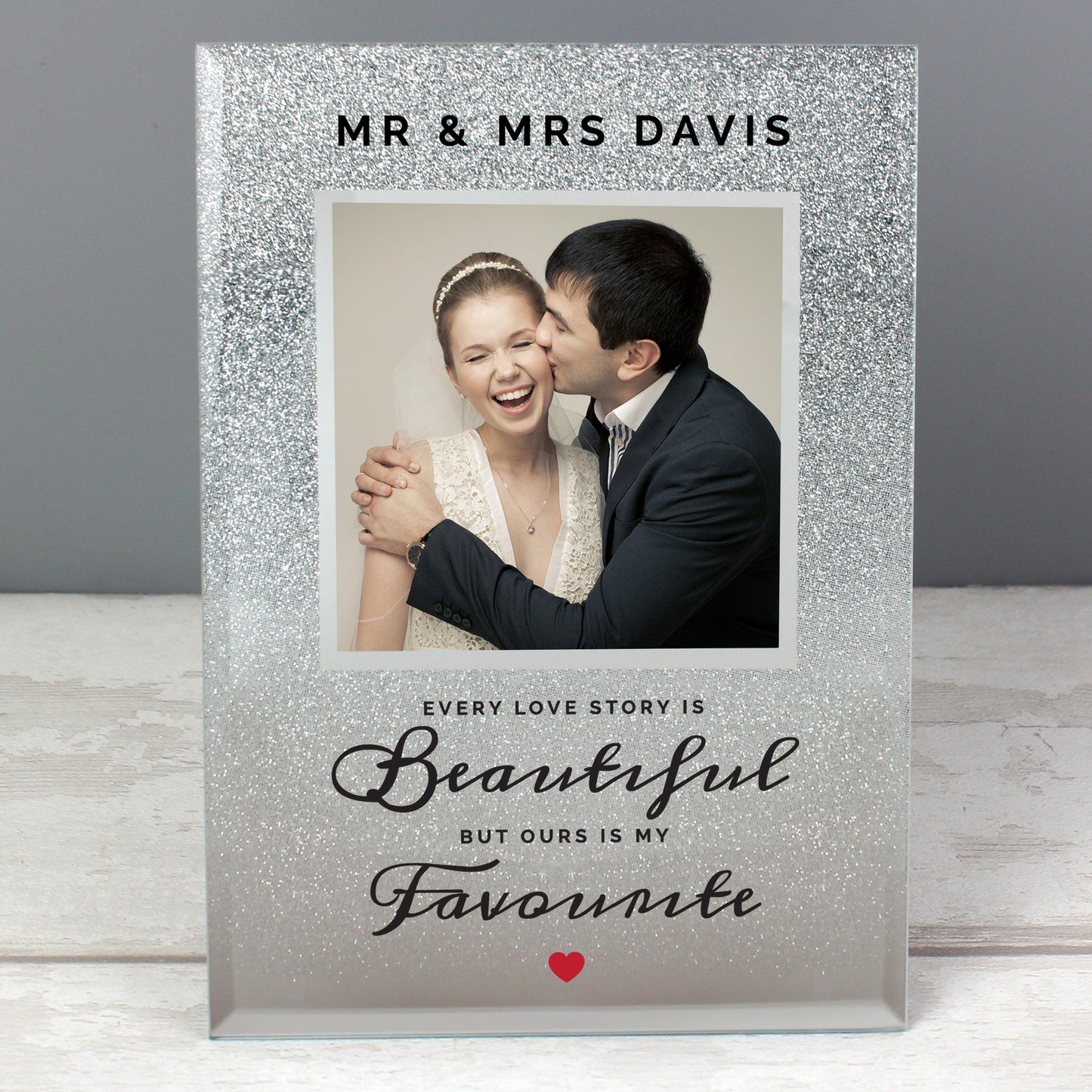 Personalised Every Love Story Is Beautiful 4x4 Glitter Glass Photo Frame