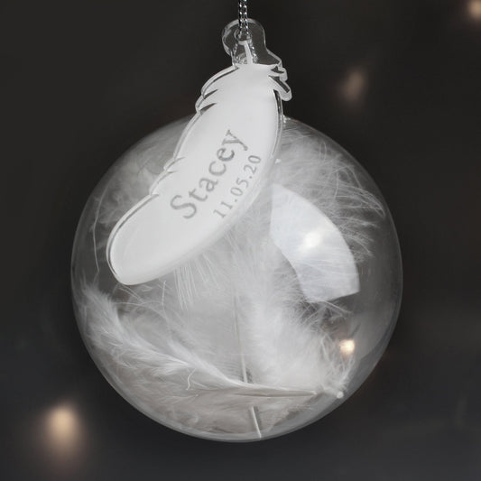 Personalised Name & Date White Feather Glass Bauble