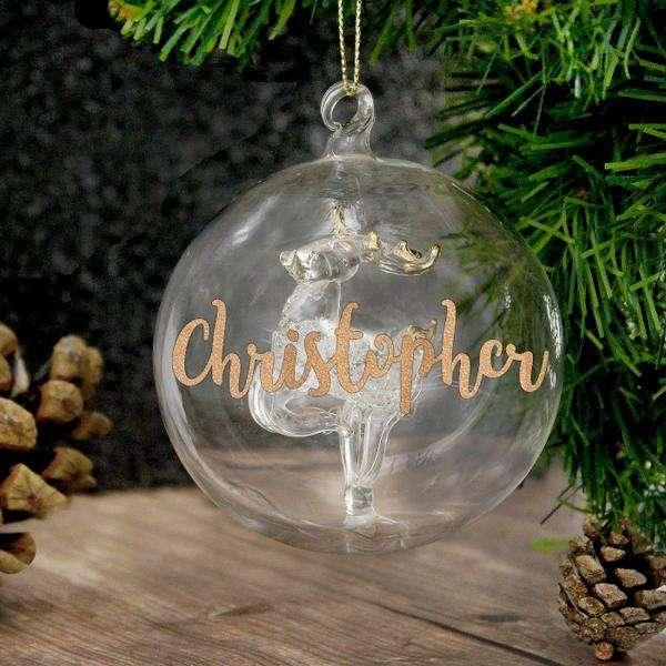 Personalised Gold Glitter Name Only Reindeer Glass Bauble - Myhappymoments.co.uk