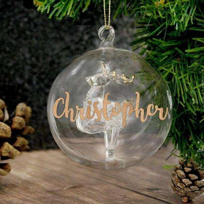 Personalised Gold Glitter Name Only Reindeer Glass Bauble - Myhappymoments.co.uk