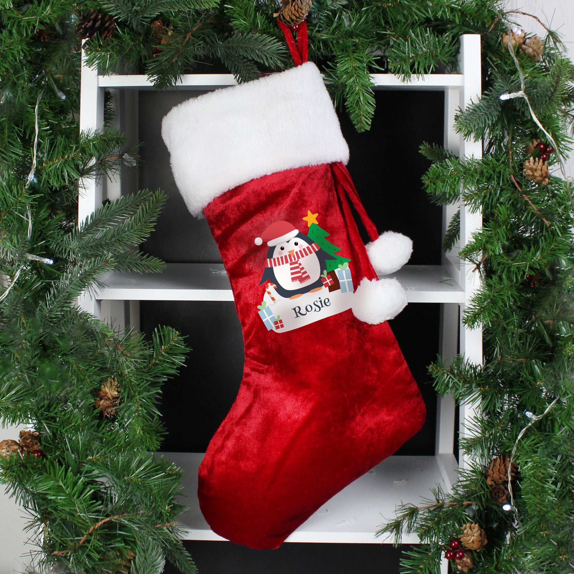 Personalised Christmas Penguin Red Stocking