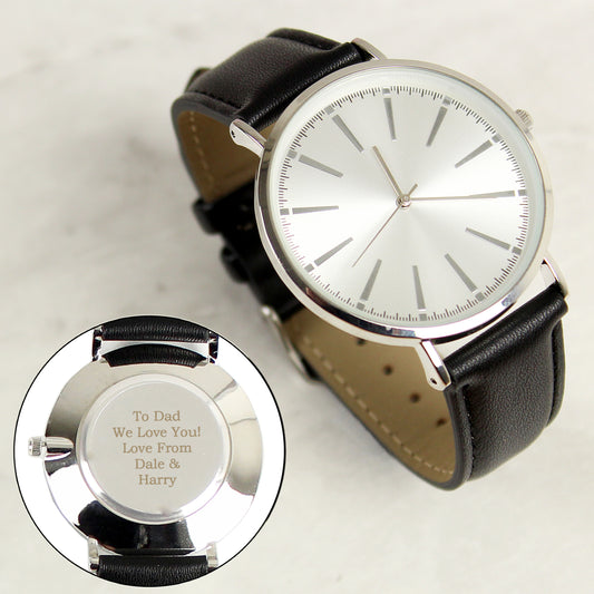 Personalised Silver with Black Leather Strap Mens Watch