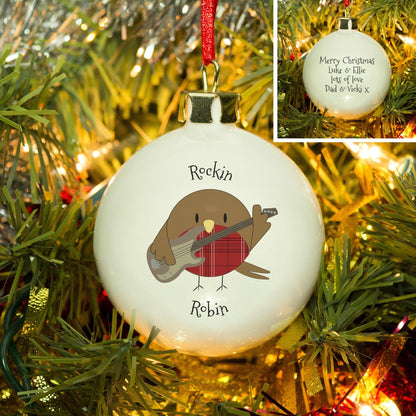 Personalised Rockin’ Robin Bone China Christmas Bauble