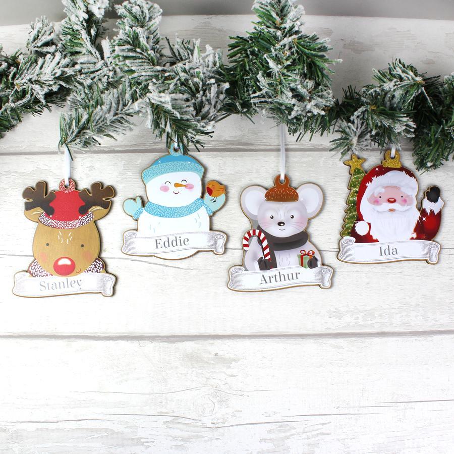 Personalised Set of Four Colourful Christmas Characters Wooden Hanging Decorations