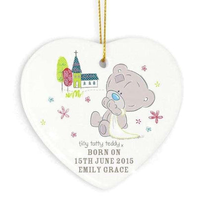 Personalised Tiny Tatty Teddy Christening Ceramic Heart Decoration - Myhappymoments.co.uk