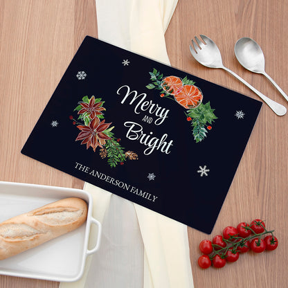 Personalised Christmas Merry & Bright Rectangular Glass Chopping Board