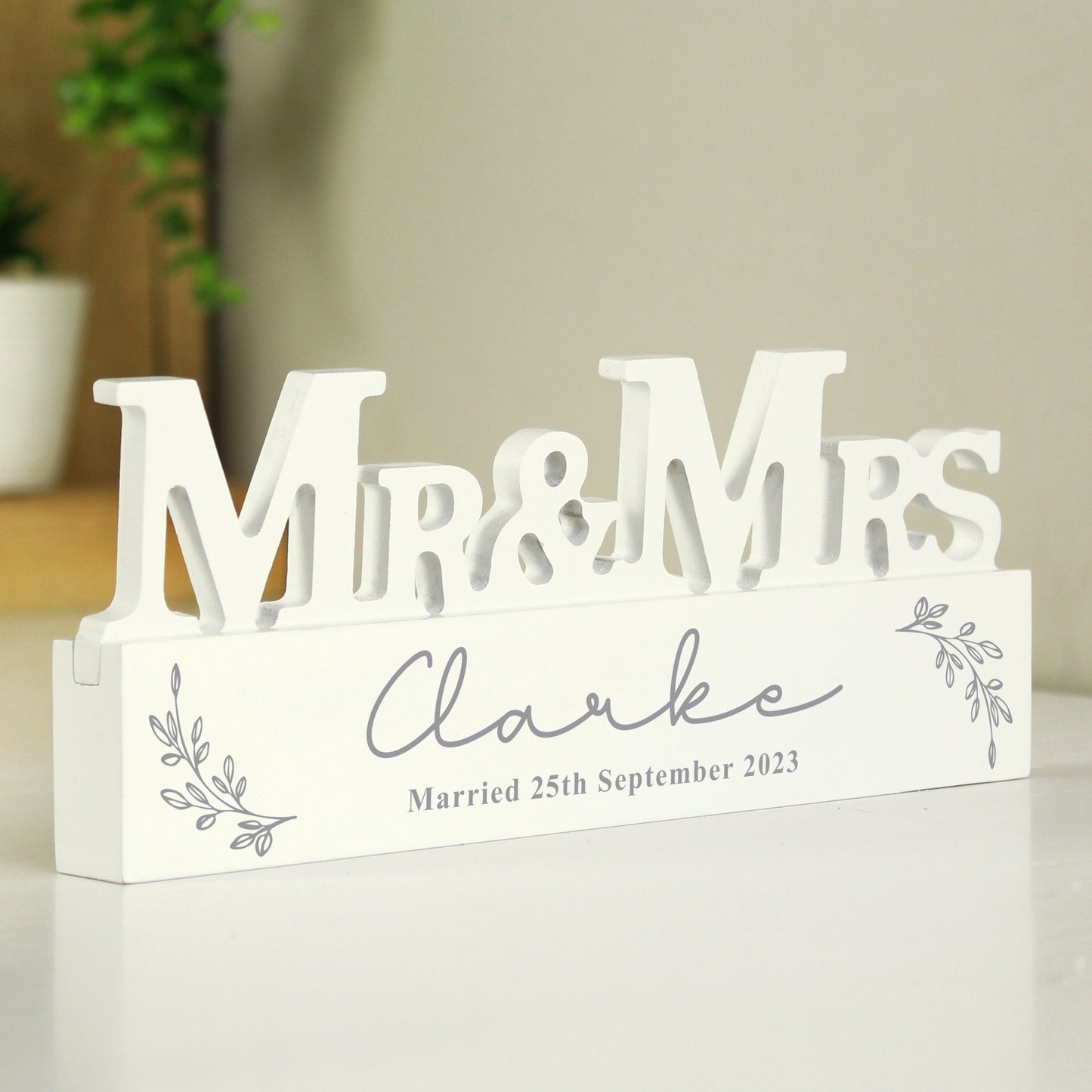 Personalised Leaf Wooden Mr & Mrs Wedding Ornament