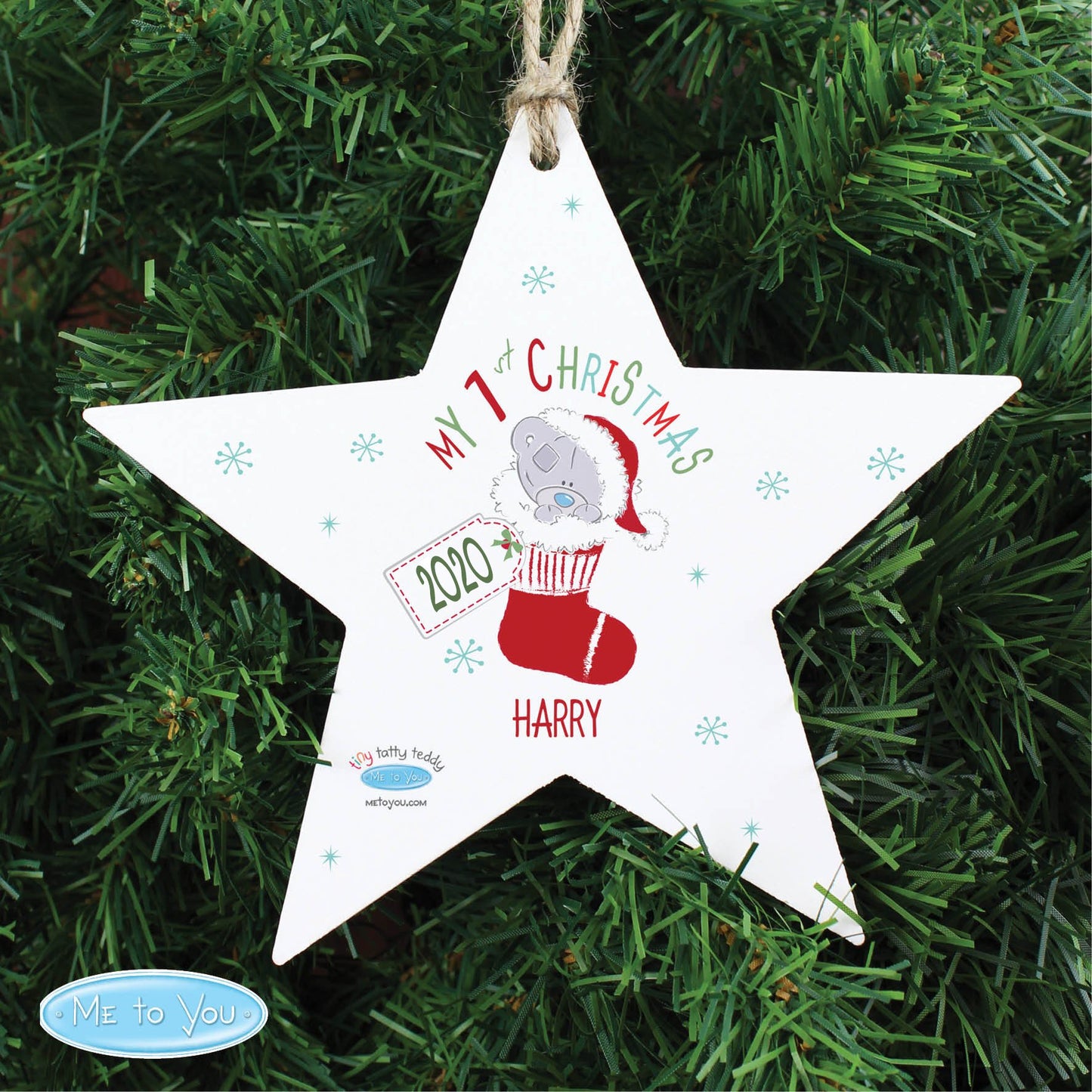 Personalised Tiny Tatty Teddy My 1st Christmas Stocking Wooden Star Decoration