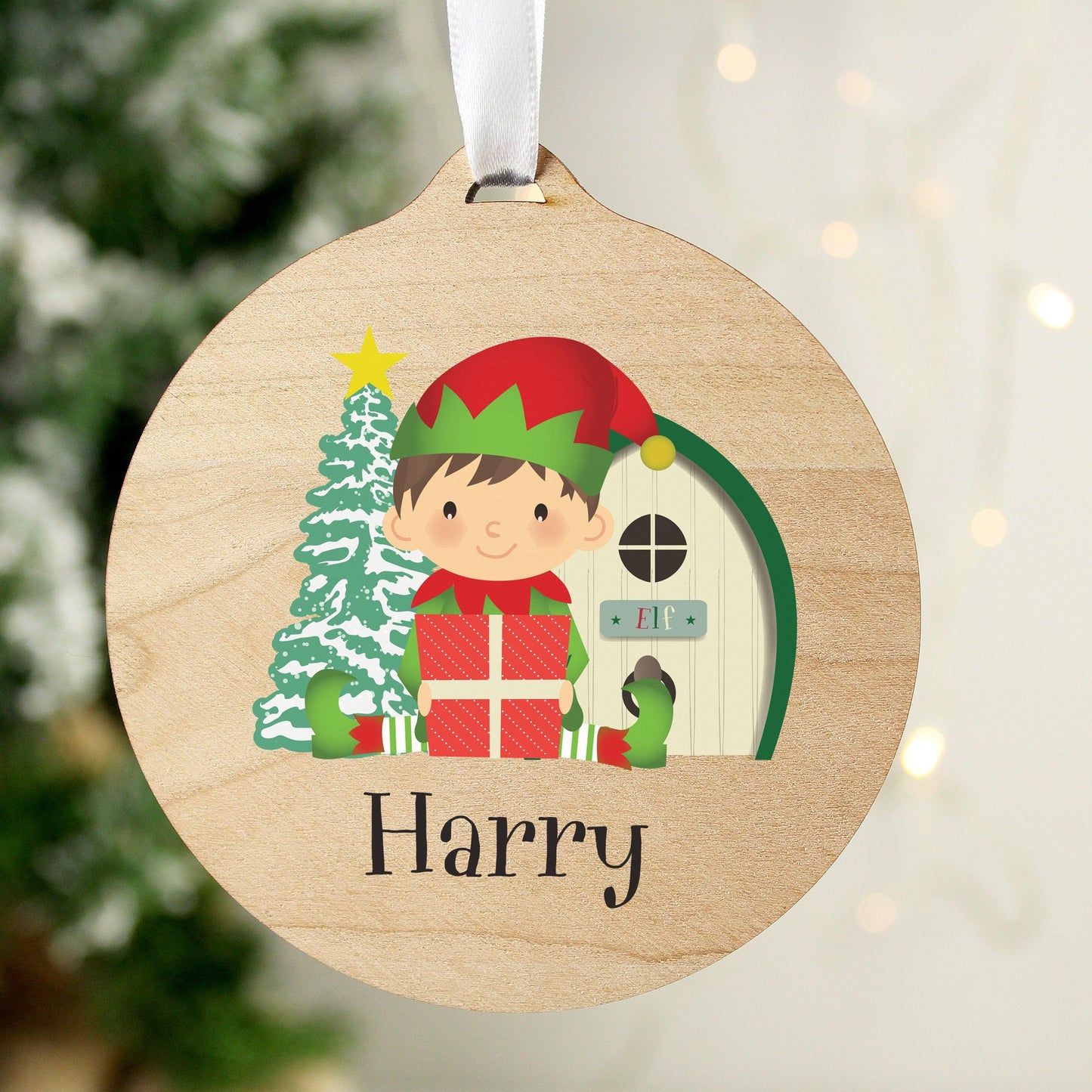 Personalised Elf Round Wooden Bauble Decoration