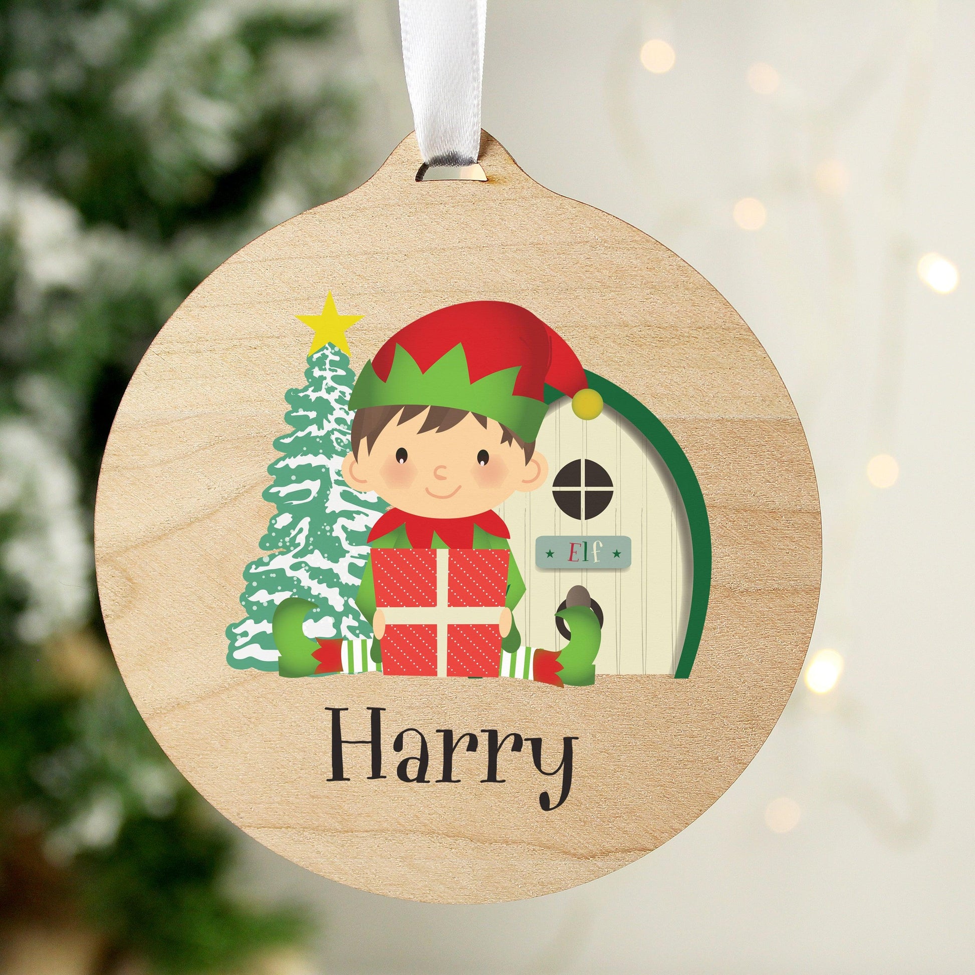 Personalised Elf Round Wooden Bauble Decoration