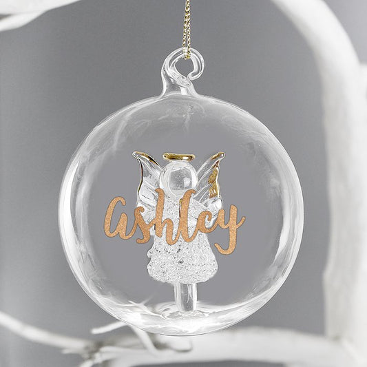 Personalised Gold Glitter Name Only Angel Glass Bauble