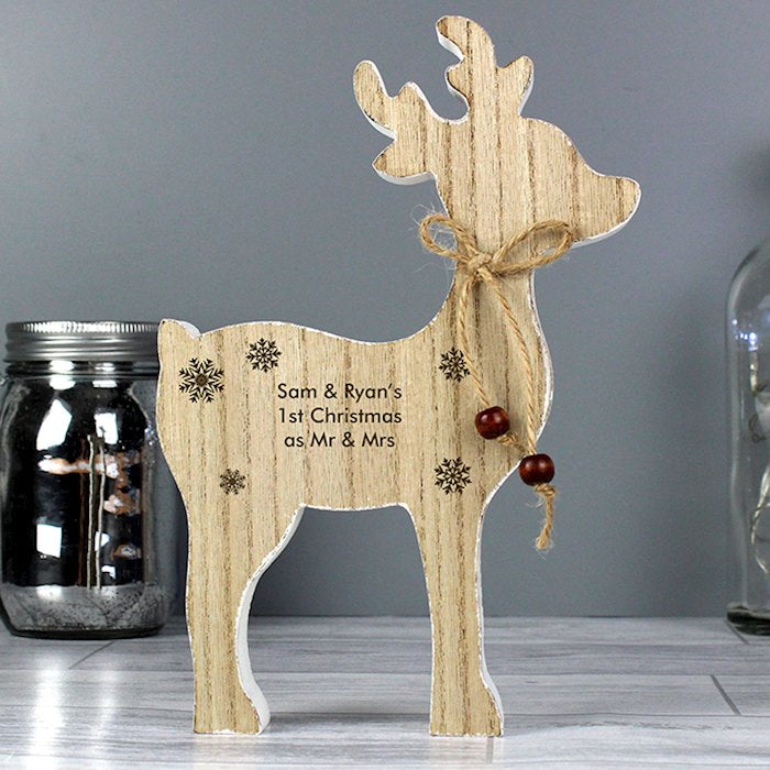 Personalised Rustic Wooden Reindeer Christmas Decoration - Myhappymoments.co.uk