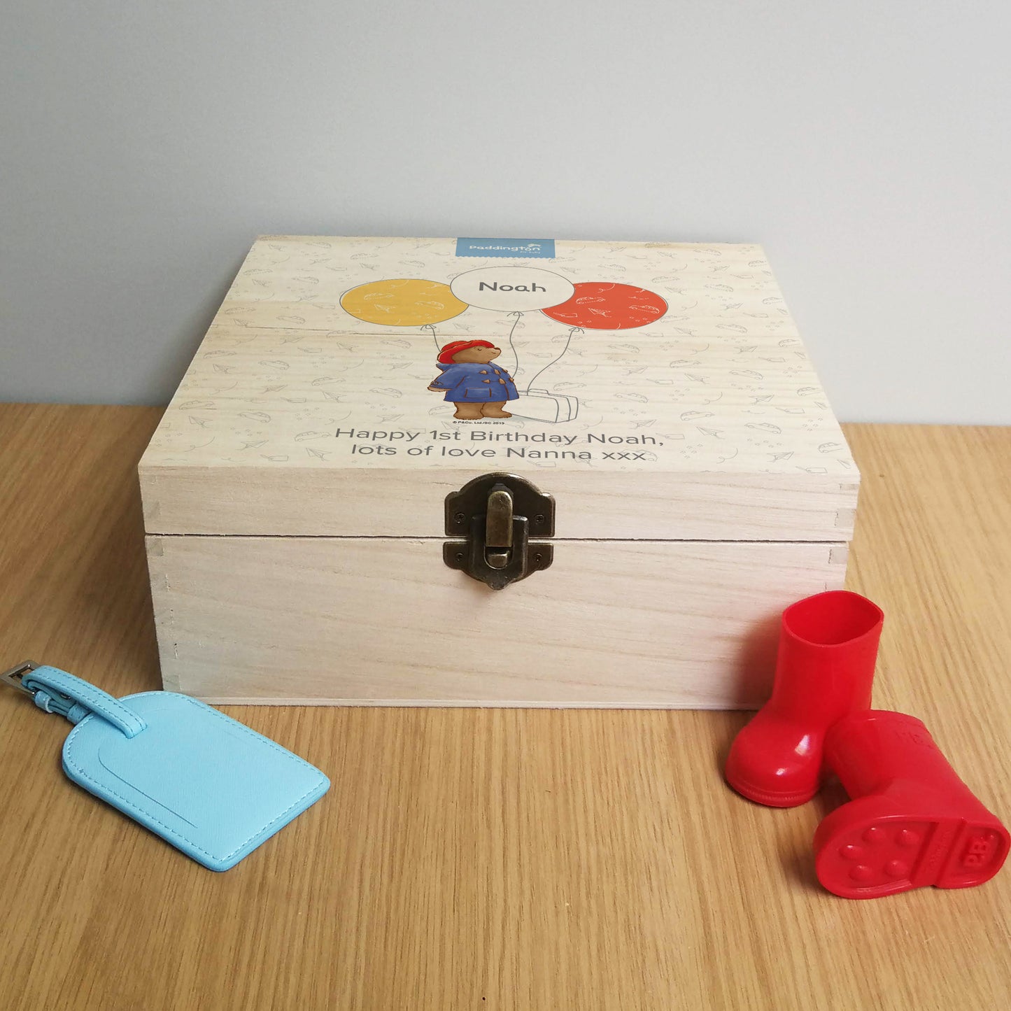 Personalised Paddington Bear Balloon Hinged Memory box