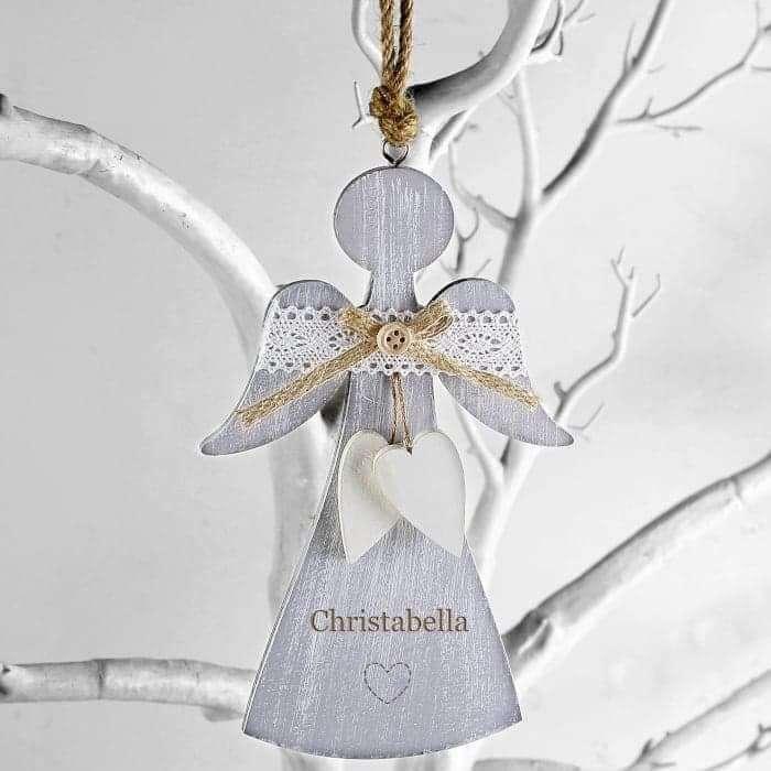 Personalised Hearts Wooden Angel Christmas Tree Decoration - Myhappymoments.co.uk