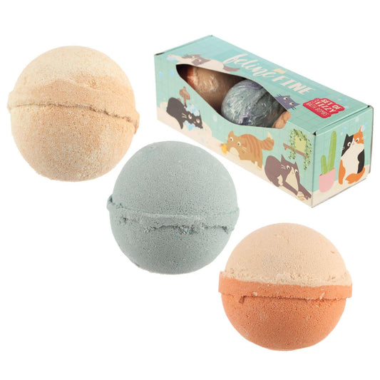 Set of 3 Feline Fine Cat Design Bath Bombs - Sugary Scents - Myhappymoments.co.uk