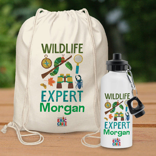 Personalised Very Hungry Caterpillar Wildlife Expert Drawstring Bag & Drinks Bottle Set