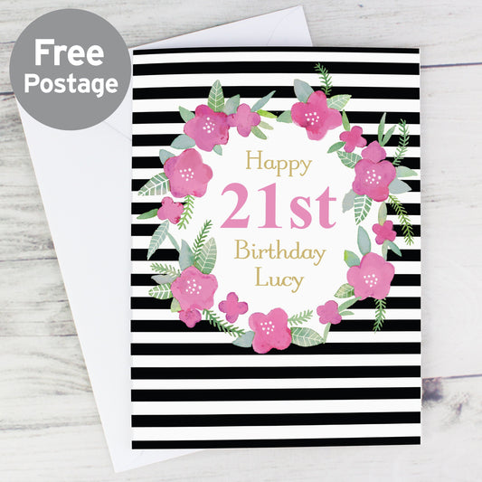 Personalised Floral Stripe Birthday Card