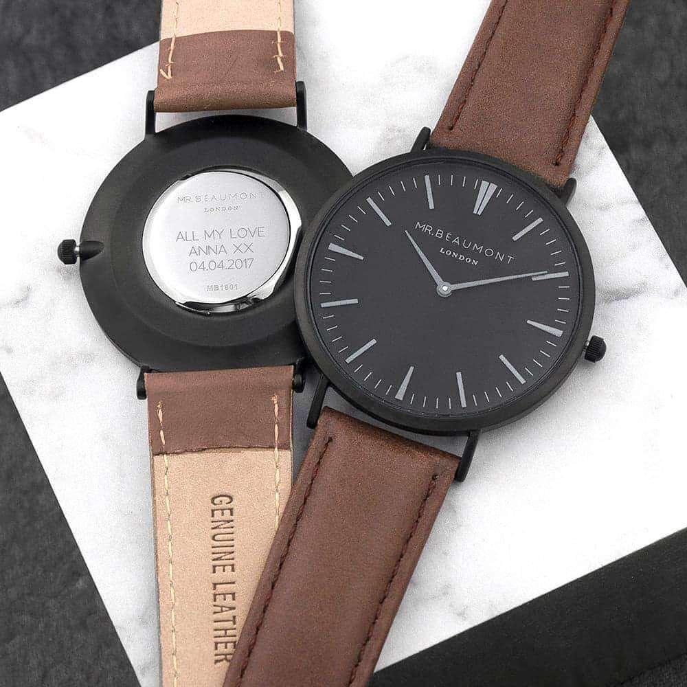 Personalised Modern-Vintage Men’s Mr Beaumont Watch With Black Face in Brown - Myhappymoments.co.uk