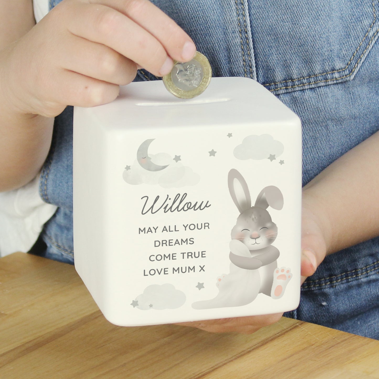 Personalised Baby Bunny Ceramic Square Money Box