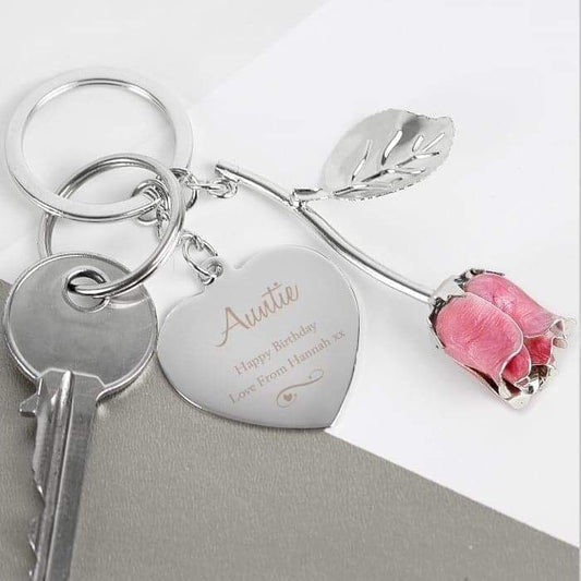 Personalised Silver Plated Swirls & Hearts Pink Rose Keyring - Myhappymoments.co.uk