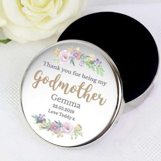 Personalised Thank You For Being My Godmother Round Trinket Box - Myhappymoments.co.uk