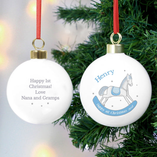 Personalised 1st Christmas Blue Rocking Horse Bauble - Myhappymoments.co.uk