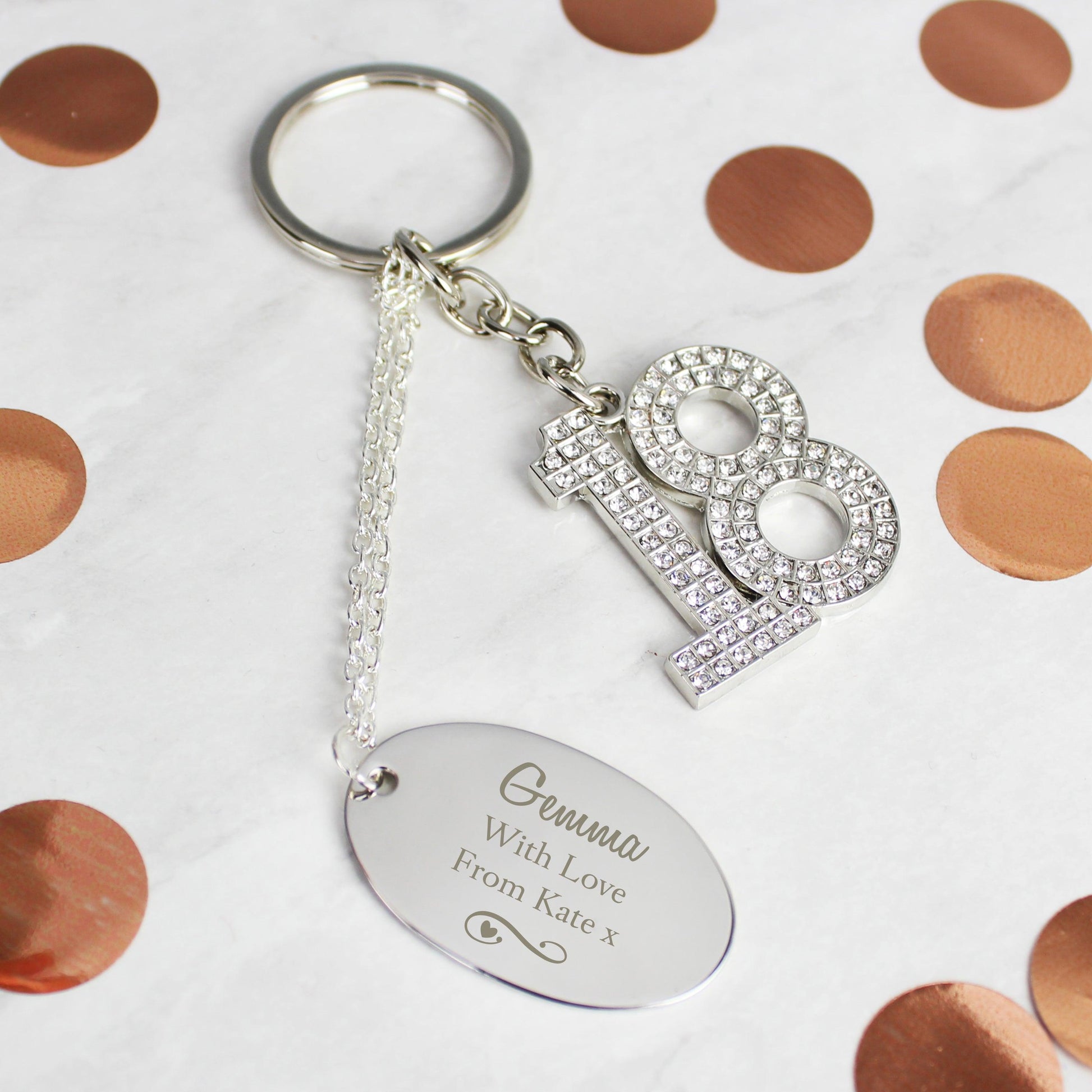 Personalised Swirls & Hearts Diamante 18th Birthday Keyring