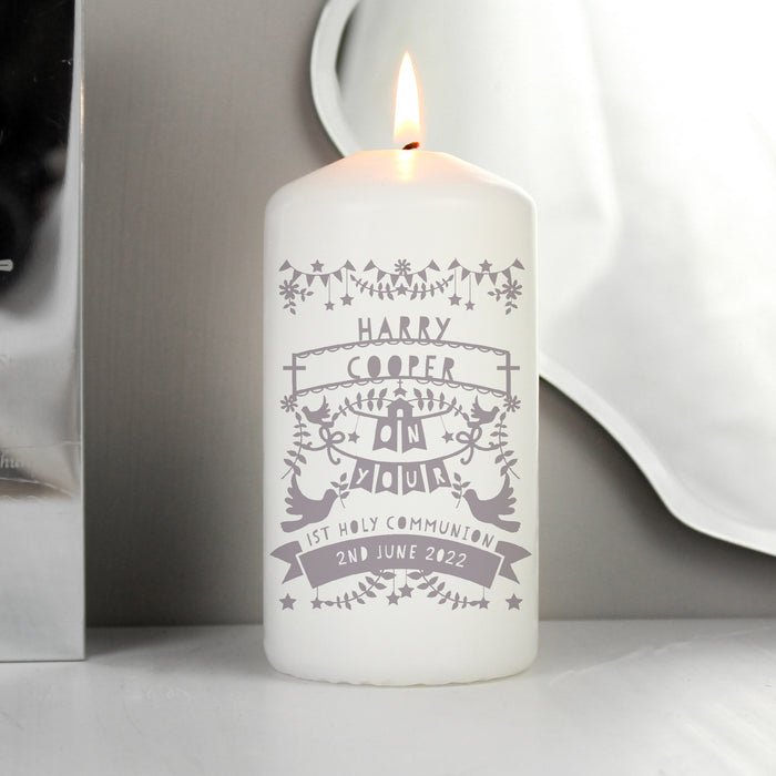 Personalised Grey Papercut Style 1st Holy Communion Pillar Candle