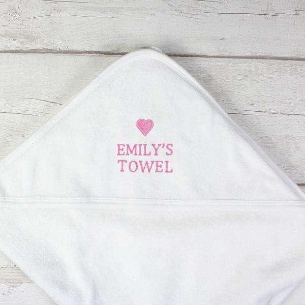 Personalised Pink Heart Baby Girl White Hooded Towel - Myhappymoments.co.uk