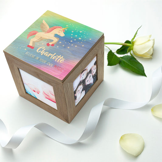 Personalised Unicorn Photo Keepsake Box with Rainbow Background - Myhappymoments.co.uk